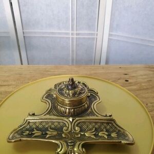 Vintage Brass Inkwell on Yellow Plate